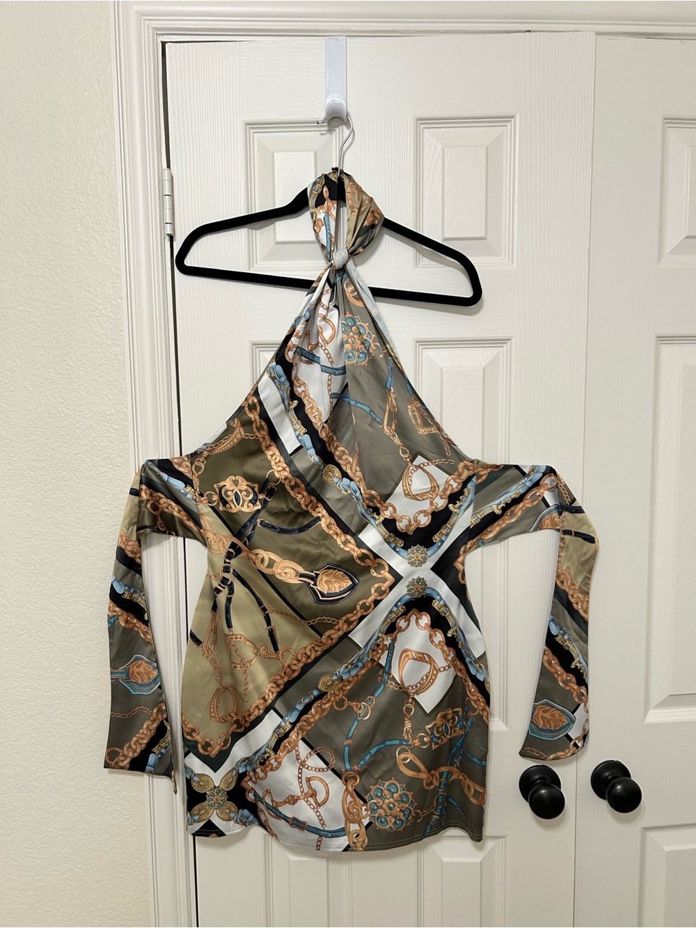 ASOS Halter Neck Satin Mini dress in scarf print size 12 70s bohemian equestrian